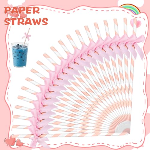 20 Pcs Pink Bow Paper Straws - Eco-Friendly 7.7" Straws for Parties