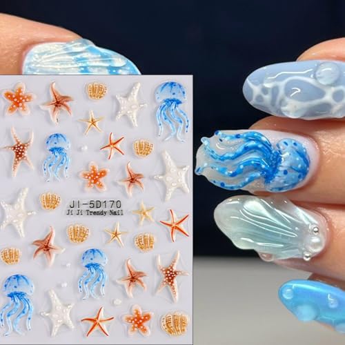 5D Embossed Ocean Summer Nail Art Stickers 3-Sheet Starfish Shell Decals