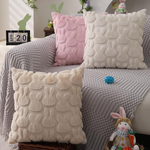 Easter Rabbit Throw Pillow Covers 18x18, Cream White Plush Set of 2