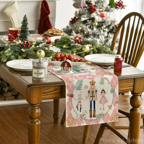 Christmas Nutcracker Table Runner 13x48 Inch Home Holiday Decor - Pink Variation