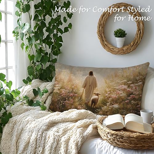 Jesus and Lamb Lumbar Pillow Cover 12x20, Soft Flannel Christian Decor
