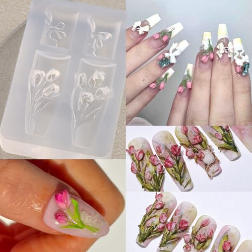 Silicone Nail Art Molds Set 3D Flower Tulip Bouquet with Carving Pen