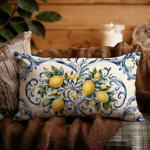 EUYTHNGYF 20x12 Blue Porcelain Lemon Coastal Pillow Cover - Italian Lemon Fruit Home Decor