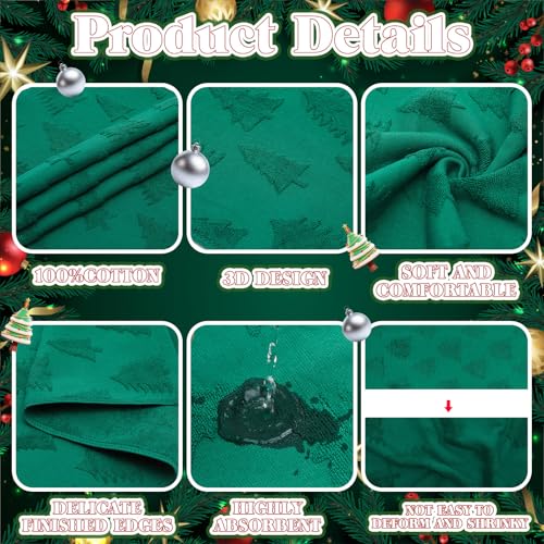 Remagr 4 Pack Christmas Hand Towels with 3D Jacquard Christmas Tree Design - White & Green