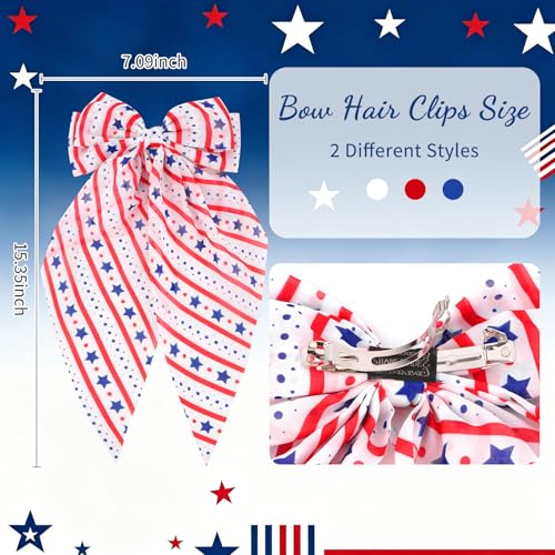 4th of July Hair Bows for Women & Girls Patriotic Hair Clips, 2-Pack