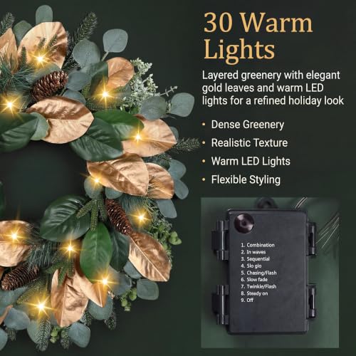 Magnolia 26 Inch Battery Operated Christmas Wreath with Lights - Prelit Cedar Door Decor