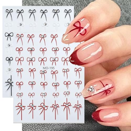 3D French Bow Nail Art Stickers - Self-Adhesive Red White & Black Bow Decals (4 Sheets)
