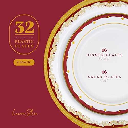 Laura Stein Vintage Burgundy Gold Rim Disposable Plastic Plates 64 Pack - Combo of 2 Sets