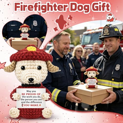 Handmade Crochet Firefighter Dog Gift for Men - Inspirational Decor
