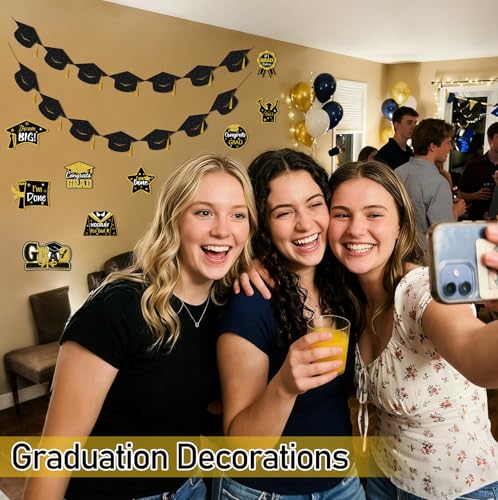 2026 Graduation Decorations - Pre-Strung Black Glitter Banner with Gold Tassels