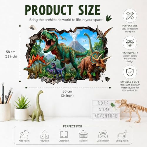 TRAMIN 3D Dinosaur Wall Stickers - Large Peel & Stick Kids Room Decor