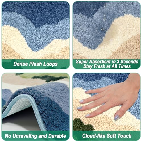 LICOZYVE Blue Beach Microfiber Bath Mat, 1'4" x 1'11" Absorbent Non-Slip Rug