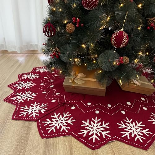48-Inch Reversible Knit Snowflake Christmas Tree Skirt - Burgundy & White