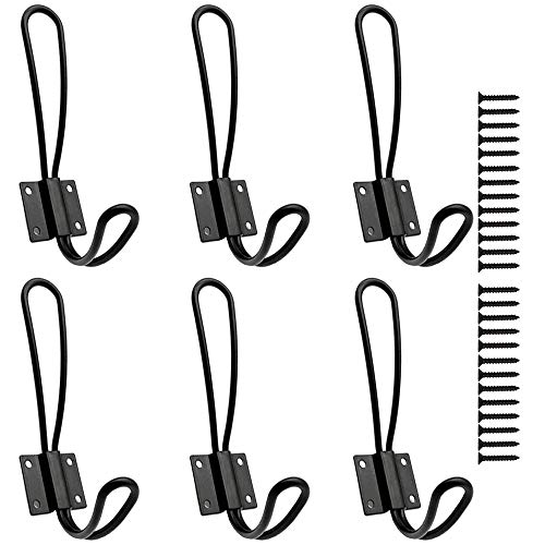 Hajoyful Rustic Double Coat Hooks - Black Farmhouse Wall Hooks, 6-Pack