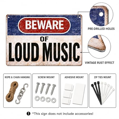 Beware of Loud Music Vintage Metal Sign - 12x8 Inch Wall Art