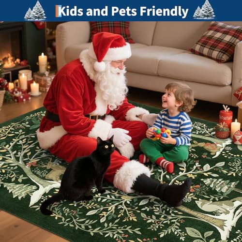 Green 5x7 Christmas Forest Rug with No-Slip Backing - Holiday Floor Mat for Dining & Living Rooms