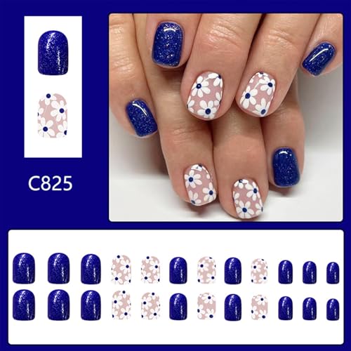 Short Square Press On Nails Dark Blue Floral Glitter False Nails