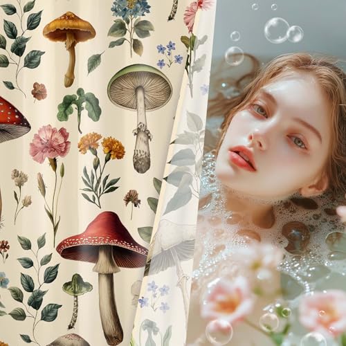 MASLEK Vintage Mushroom Floral Shower Curtain, 72x72 Inch Beige Botanical