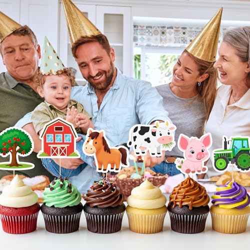 Farm Animal Cupcake Toppers 24 pcs - Farm Theme Party Decorations with Cow, Sheep, Chicken, Horse, Pig, Tractor, Tree & House Design
