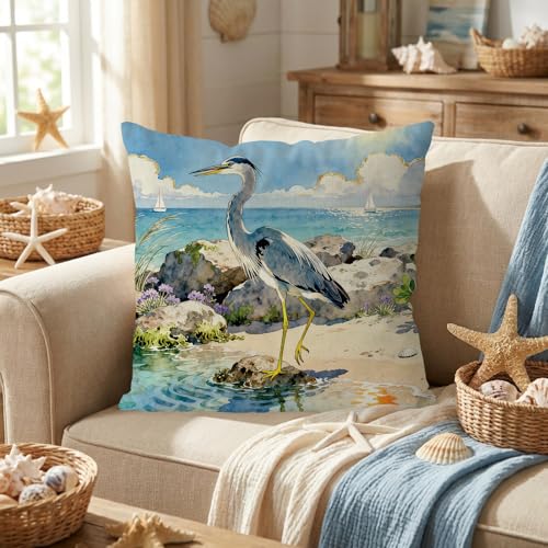 GAGEC 18x18 Inch Blue Heron Pillow Cover for Summer Decor