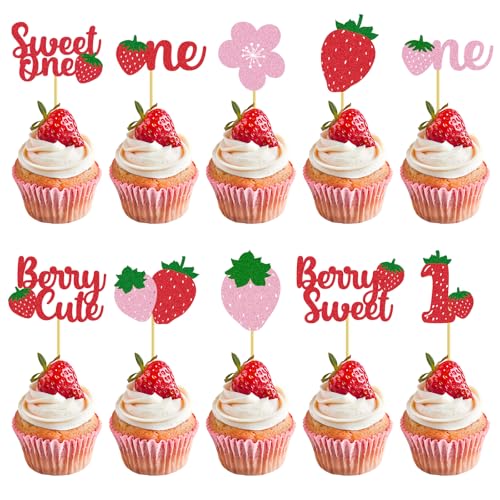 Sweetheart Strawberry Cupcake Toppers - 30 Pcs Birthday Decorations