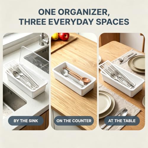 White Flatware Tray with Clear Lid and Drainer - Kitchen Organizer