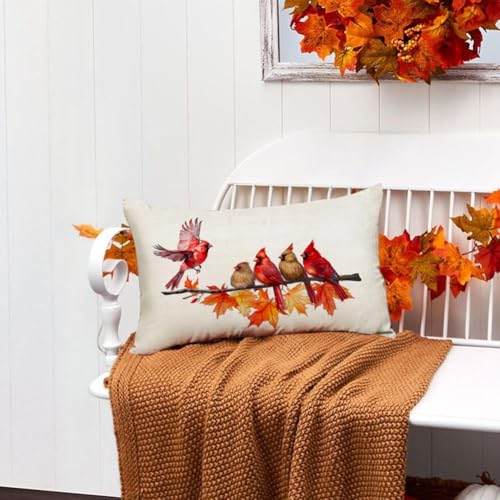 Cardinal Birds Fall Pillow Cover 12x20 Inch - Red, Pack of 1