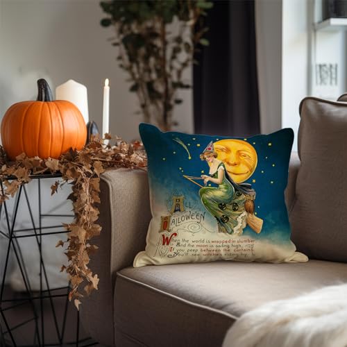 Vintage Halloween Throw Pillow Cover 18x18 Inch - Retro Witch & Moon Design