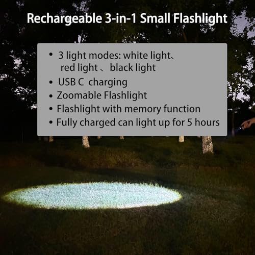 3 in 1 LED Rechargeable Flashlight, LED Small Flashlight with Memory Function, Super Bright Zoomable Red Lens Light 395 NM Black Lights Flashlights with USB C Charging for Camping Hiking Home
