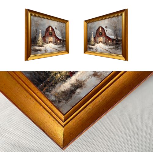 Vintage Christmas Wall Art Canvas Print - Red Barn Snow Scene, Framed 16x12 Inches
