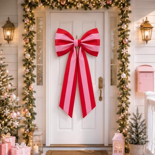 Large Red Pink Stripe Christmas Tree Topper Bow - 35x17 Inch Holiday Decor (Variation: Red Pink / Stripe)