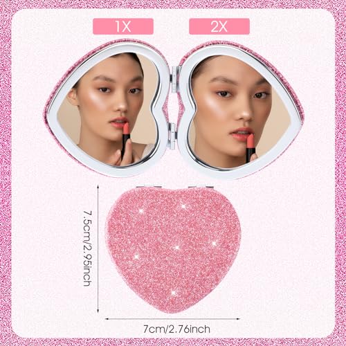 Mabor Heart Shaped Compact Pocket Mirror - 1x/2x Magnifying Pink Purse Vanity Mirror