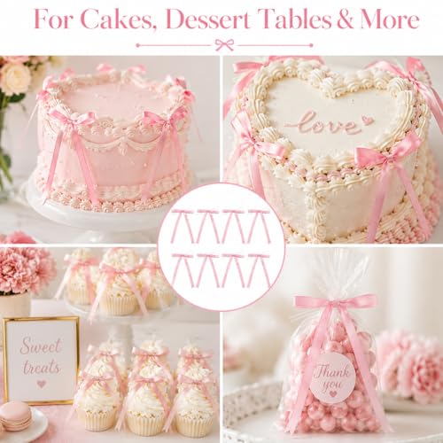 10 Pack Pink Bow Cake Decorations - Pre-Tied Satin Ribbon Bows