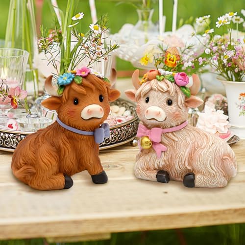 Spring Highland Cow Figurines - Set of 2 Farmhouse Decor