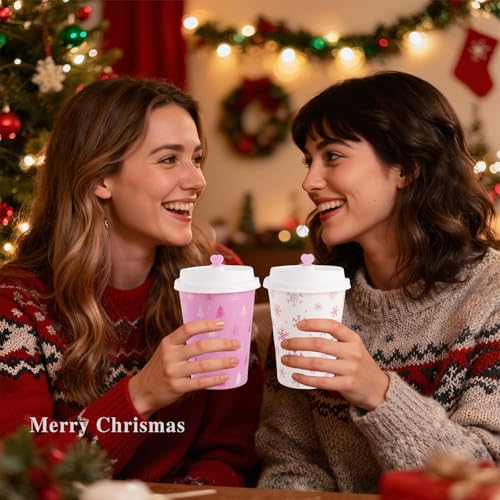 Pink Christmas Coffee Cups with Lids & Sleeves - 16 Oz Disposable Holiday Party Set