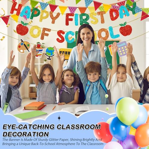 Fulmoon Happy First Day of School Banner Glitter Back to School Decor - Pre-Strung & Durable
