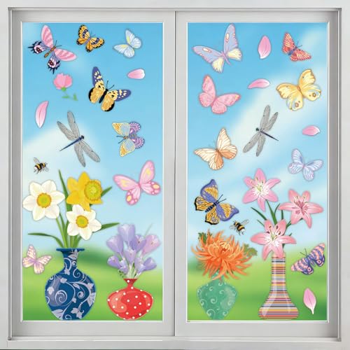 Spring Flower Butterfly Window Clings - 44 Pcs Reusable PVC Stickers