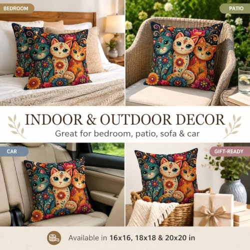 SheEasy 16x16 Inch Colorful Cats Pillow Cover - Farmhouse Linen Decor, Pack of 1