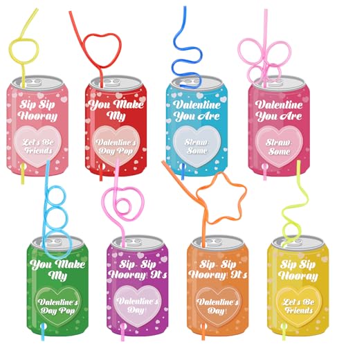 Valentine's Day Cards with Straws - 32 Pack for Kids Gifts