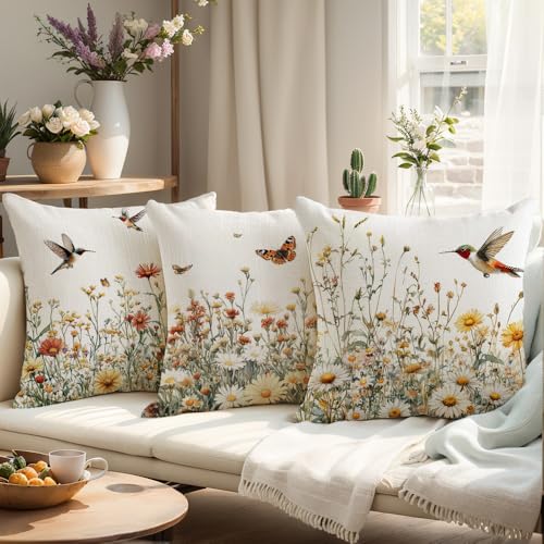 Wyooxoo Spring 18x18 Inch Set of 4 Farmhouse Floral Bird Pillow Covers for Sofa, Outdoor & Bedroom Decor