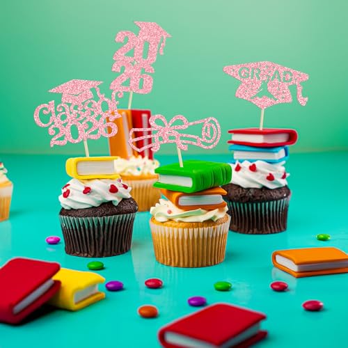 2026 Graduation Cupcake Toppers - 24Pcs Glitter Graduation Picks