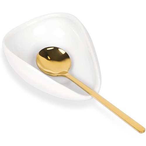 Elegant Ceramic Spoon Rest for Kitchen & Coffee Bar - FEUNLEM Utensil Holder Keeps Counter Clean, Includes Gold Coffee Stirring Spoon, Gift for Coffee Lover (White, Gold)