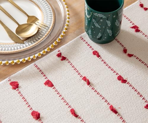 Caflife Christmas Table Runner 13x72 Inch Boho Red & Beige Cotton with Tassels