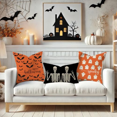 Halloween Throw Pillow Covers 18x18 Set of 4, Orange & Black Farmhouse Decor