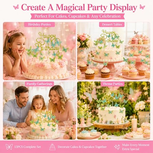 Happy Birthday Cake Toppers Set - 13 Pcs Butterfly & Glitter