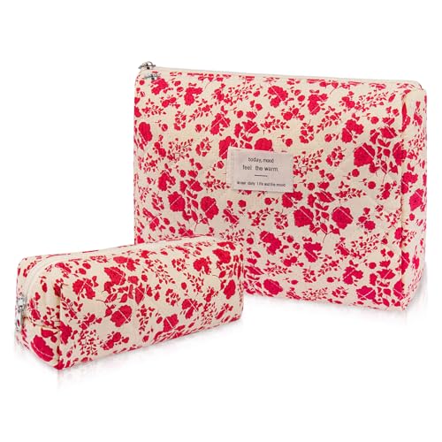 Gosect 2PC Floral Makeup Bag Set Cute Cotton Toiletry Organizer