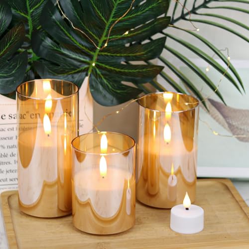 3-Pack Flameless Candle Set with Remote Control - Gold Glass, Real Wax, Timer