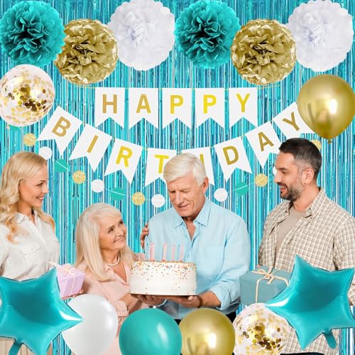 Teal and Gold Birthday Party Decoration Kit with Banner, Balloons, and Fringe
