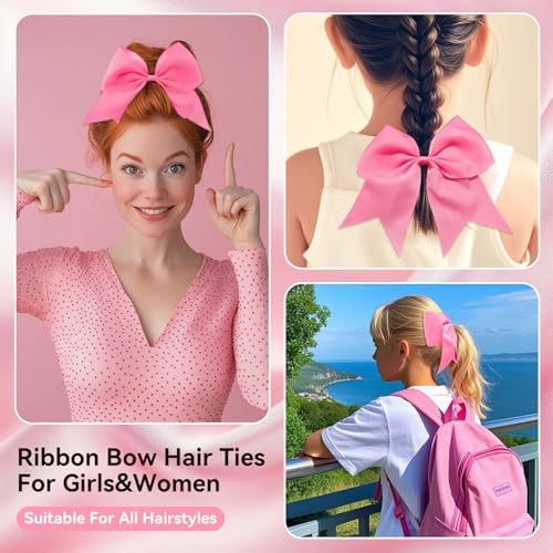 AXEN 8-Inch Large Cheer Hair Bows with Ponytail Holder, Pink, 4 Pack