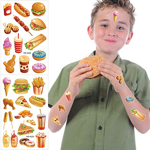 Konsait Fast Food Temporary Tattoos for Kids, 10 Sheets Waterproof Fake Tattoo Stickers for Birthday Party Favors